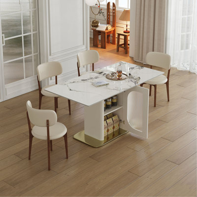 63" Modern 4-6 Person Dining Table Set With Storage, Burnt Stone Tabletop & Gold Solid Wood Base, Includes White PU Chairs For Kitchen, Apartment