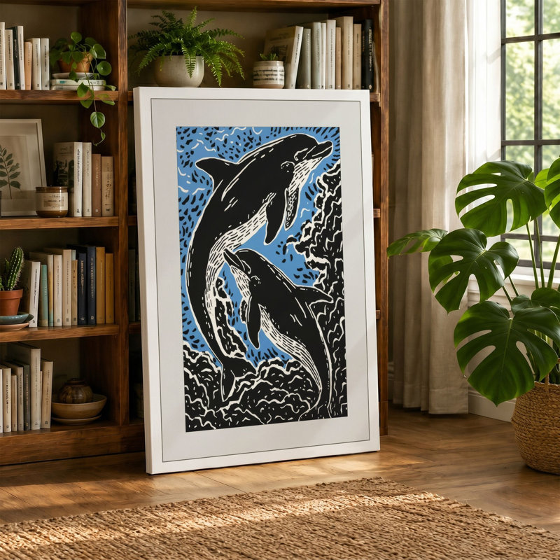 Leaping Whales Coastal - Wrapped Canvas, 36x24 - 91.4 x 61.0 cm, Cream Border