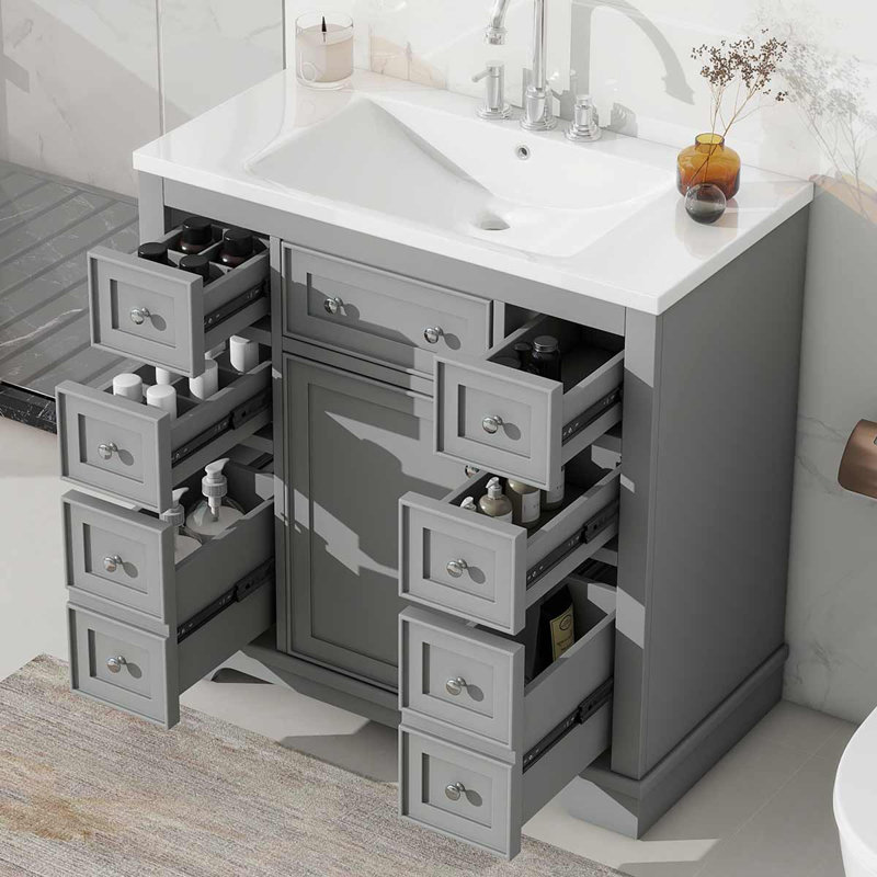Ensemble de meuble-lavabo sur pied simple 36 po avec comptoir en céramique Kiryl, Gris