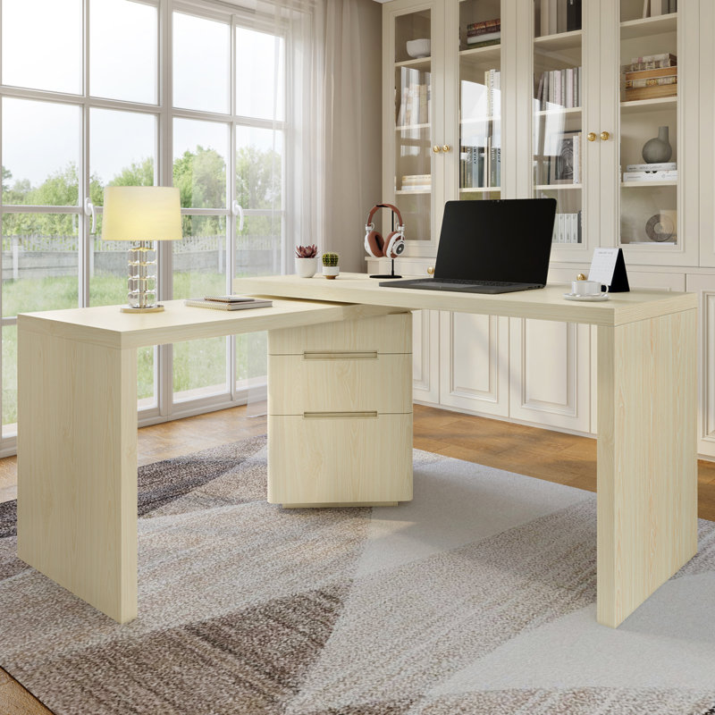 Bureau moderne en L 90 po en bois naturel avec 3 tiroirs, bureau pivotant à 360 ° en bois, bureau de direction, bureau d'angle, bureau d'étude, pour le bureau à domicile ou le salon