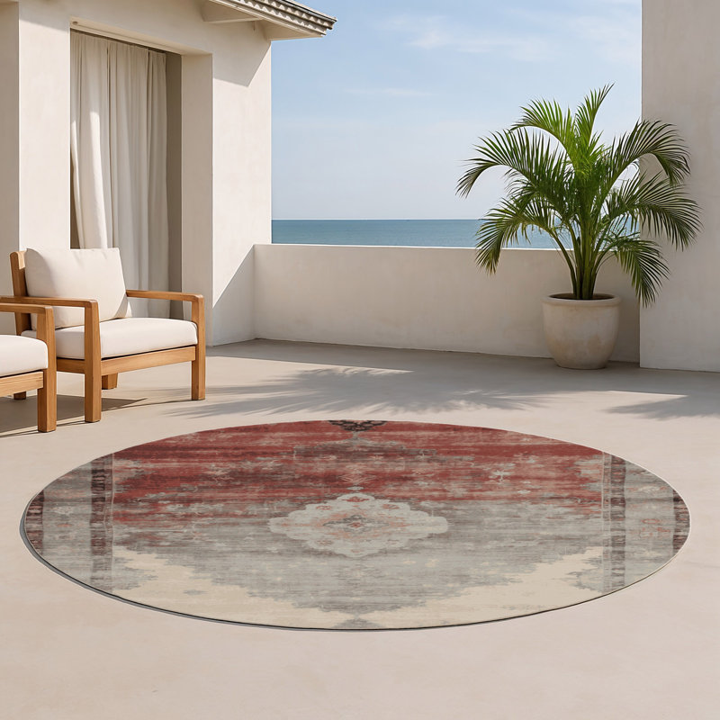 Overdyed Beige Indoor and Outdoor Area Rug, Round 5'