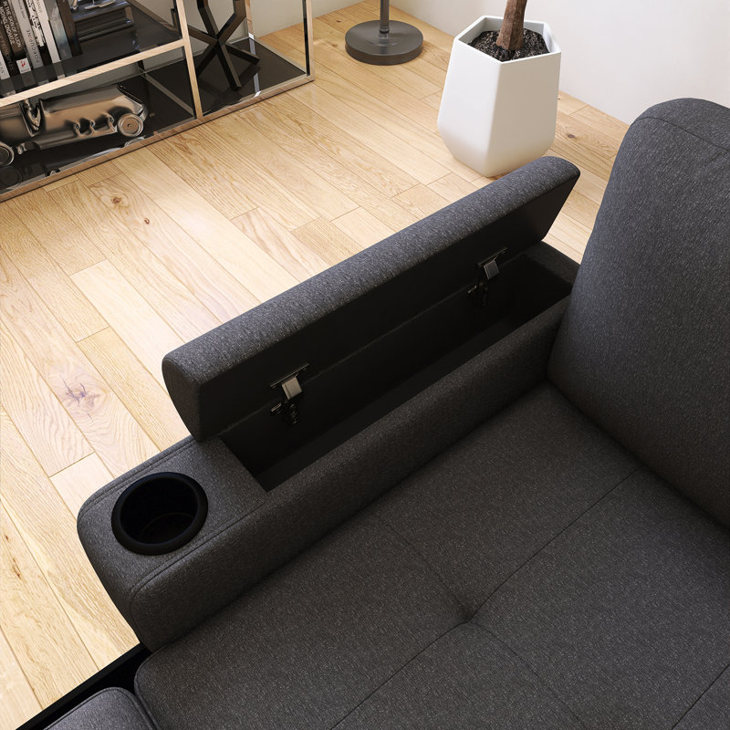 Canapé modulaire en L 83,5 po avec espace de rangement, deux porte-gobelets et deux ports USB, Noir