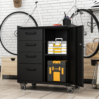 Armoire en métal robuste pour outils - H 35,34 po x l 30,21 po x P 16,8 po noir / gris avec roues et tiroirs verrouillables Robuste zone de rangement Poignées ergonomiques Garage, bureau, maison