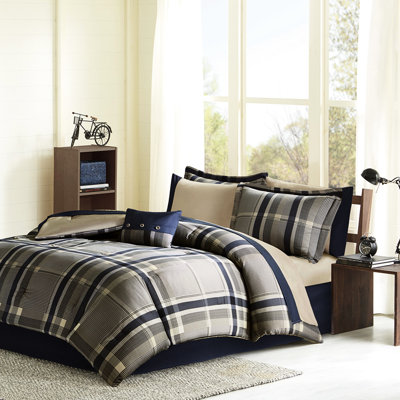 Ensemble de literie à carreaux pour lit simple XL avec couette - Confection de qualité et tissu doux pour les couleurs marine et taupe. Une chambre relaxante.