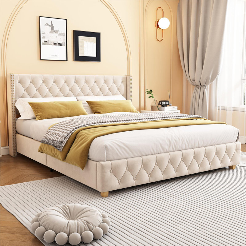 Doiron Upholstered Bed, Beige, Super King (6')