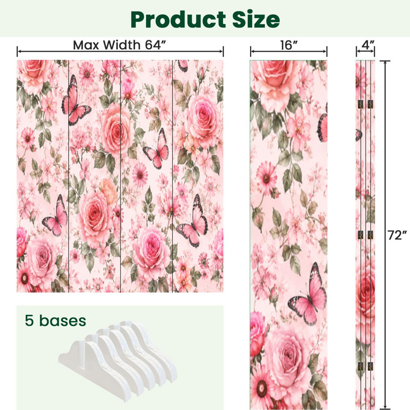 Cloison pliante 4 panneaux à paravents roses et roses papillons cloison en toile rose pâle, 4, 71" H x 64" W x 1" D