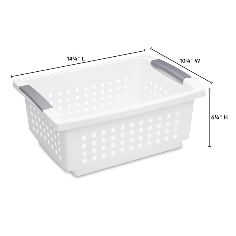 Sterilite Medium Stacking Basket, Open Top Storage Bin w/ Handles, 4 Pack, White