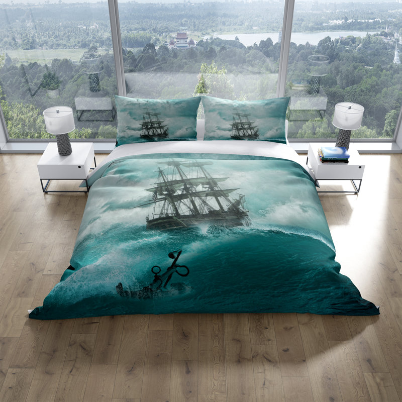  Ensemble de housse de couette Nautical Ship on the Sea, Housse de couette très grand et 2 taies