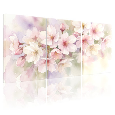 Cherry Blossom Floral Watercolor Canvas Wrapped Wall Art Set Of 3