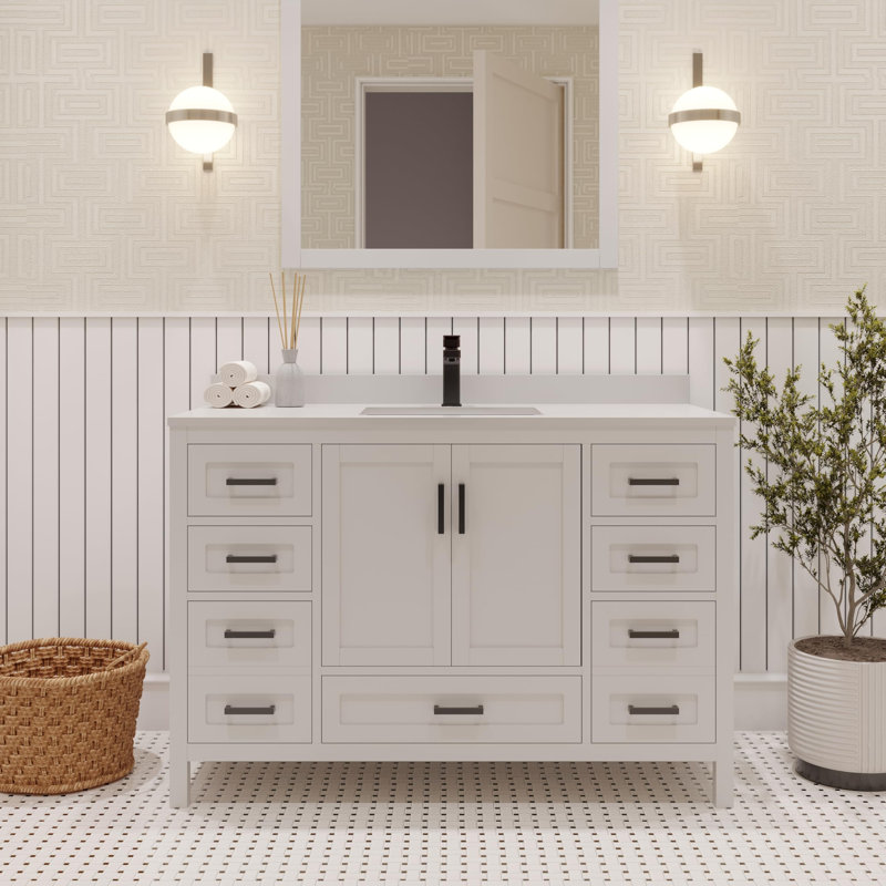 Ensemble de meuble-lavabo simple 48 po avec plateau en quartz blanc Rooh, Blanc, Noir mat