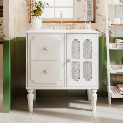 Meuble-lavabo de style rétro avec lavabo en céramique 30 po, meuble-lavabo simple autoportant avec 2 tiroirs, armoire de rangement en bois massif, blanc