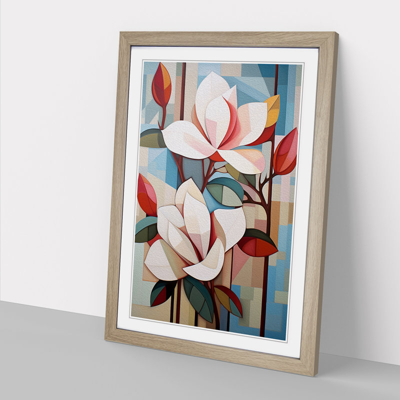 Magnolia Flower Cubism - Single Picture Frame Print on Wood, 46cm H x 34cm W x 2cm D, Oak Framed