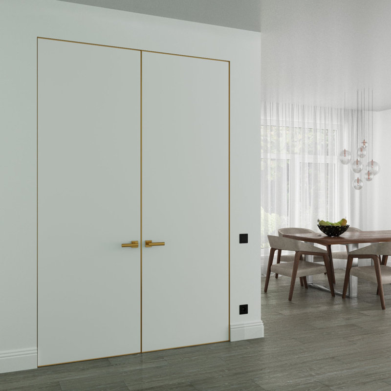 Porte double invisible moderne en bois massif avec poignée Planum 0010, apprêtée avec cadre invisible doré, 91,4 cm x 213,4 cm, ouverture extérieure à gauche, charnières dorées, poignée de verrouillage, armoire moderne en bois massif.
