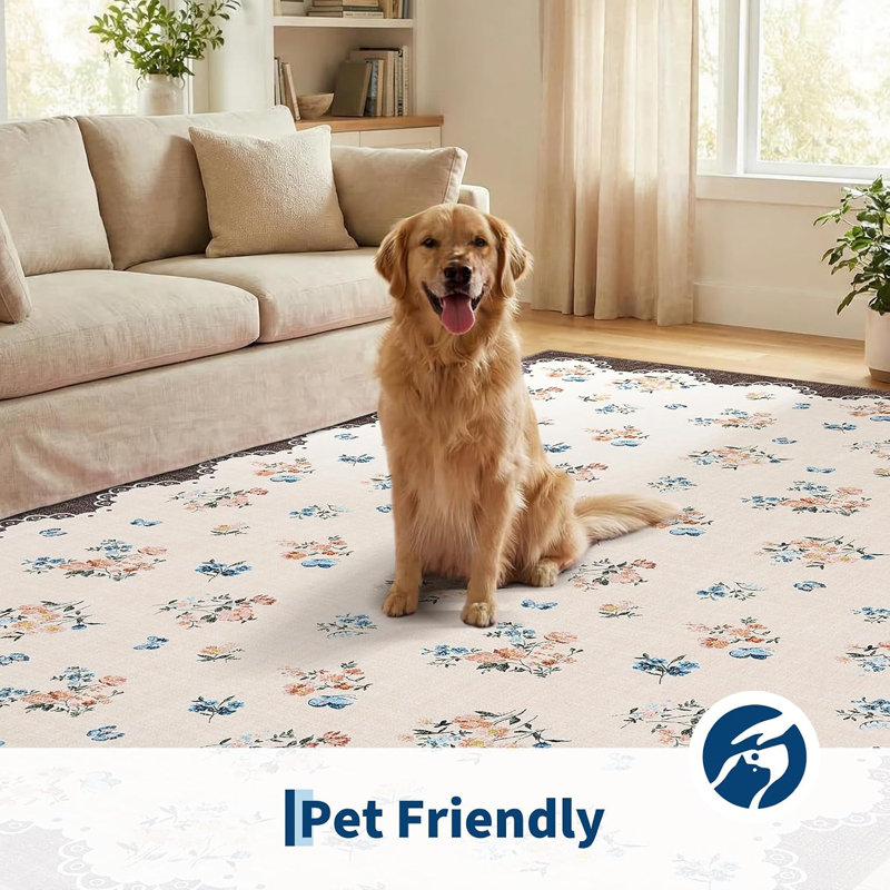 Tapis de salon brun à bords festonnés, lavable, antidérapant et doux., Brun