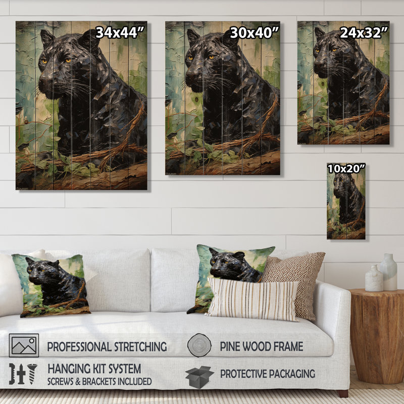 Texture de panthère noire de la jungle II sur bois, H 20 po x l 10 po x P 0,78 po