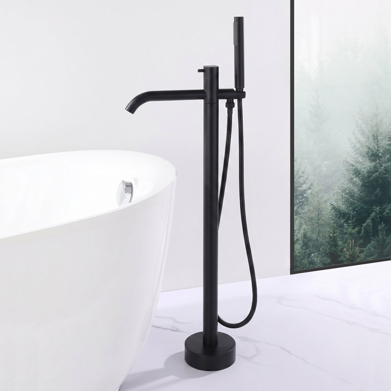 Robinet de baignoire autoportant 34 po à poignée simple moderne en acier inoxydable avec douche à main 34 po, Noir mat
