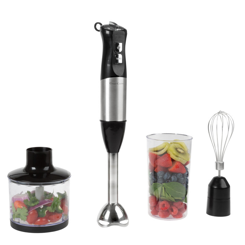 6-Speed Immersion Blender - 4-in-1 Stainless Steel Hand Mixer with Whisk, Food Processor Cup, and 32oz Beaker for Soup, Smoothies, and More by Classic Cuisine (Black)