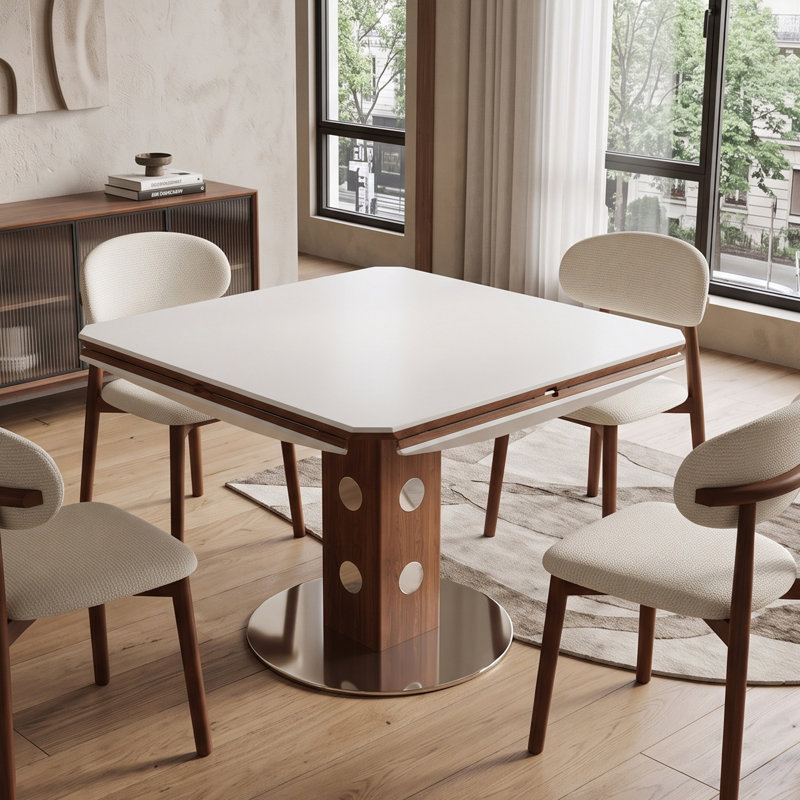 Table de salle à manger ronde extensible de 120 cm avec rallonge rabattable, plateau en pierre frittée blanche et colonne en noyer, montage rapide et facile