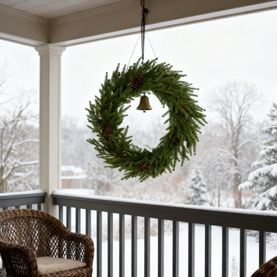 24-Inch Front Door Christmas Norfolk Pine Tree Wreath with Artificial Pinecone Trim for Winter Holiday Door Decorations