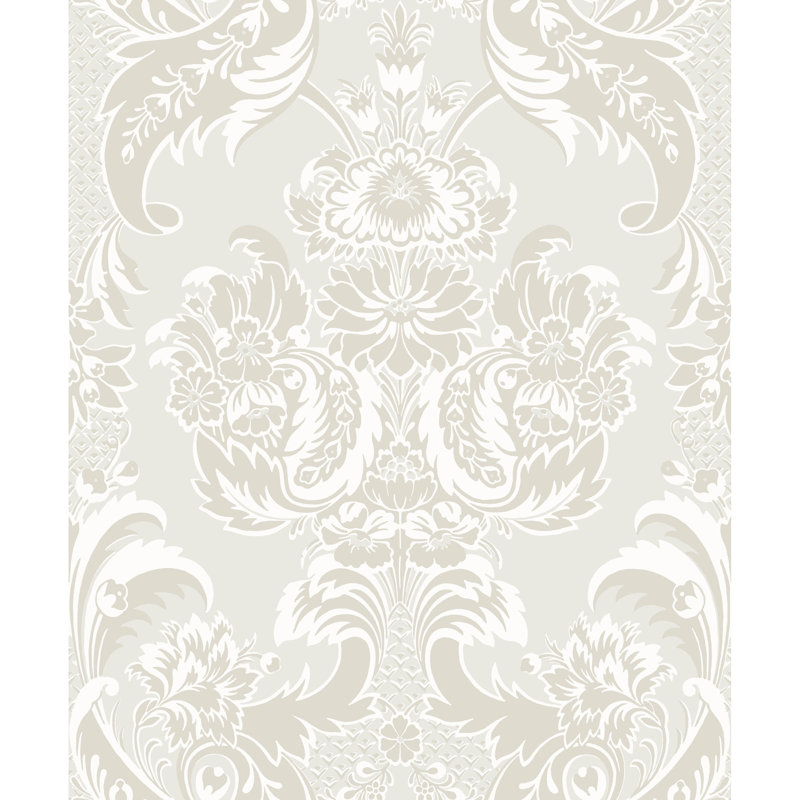 Albemarle Damask Wallpaper Roll, White/Pearl