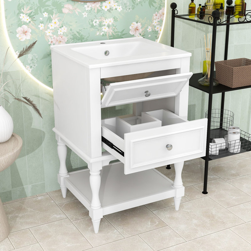 Meuble-lavabo avec lavabo en céramique, 2 tiroirs et tablette ouverte, White