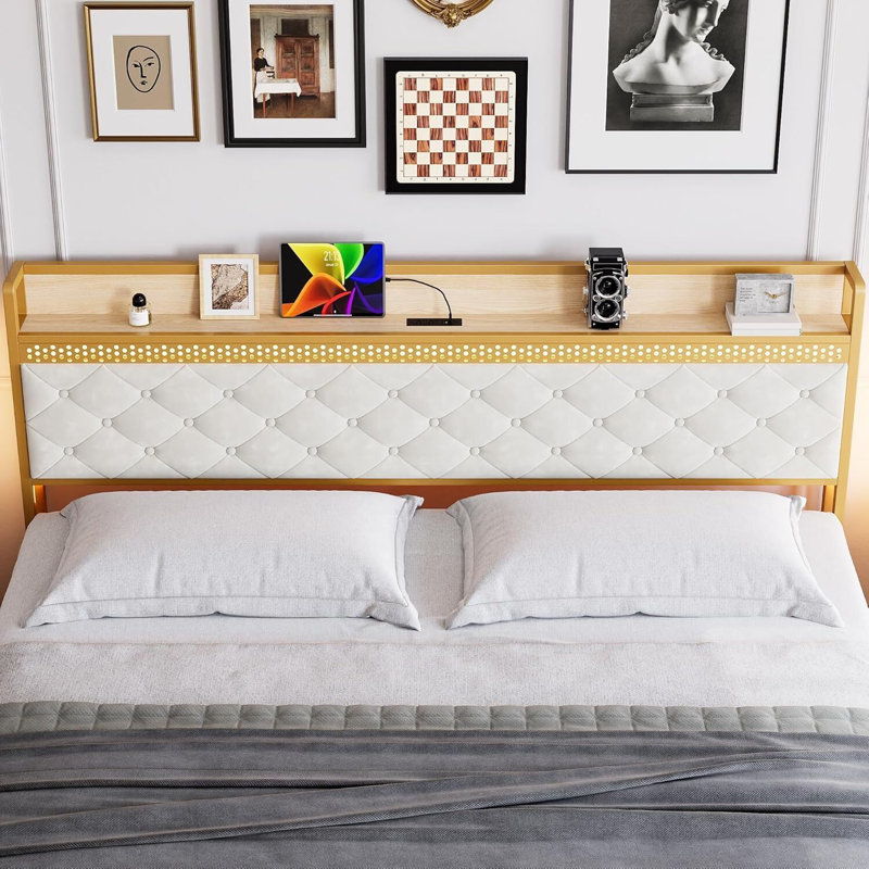 Platform Bed Frame With LED Lights, Charging Station, Storage Headboard, 2 Storage Drawers, King