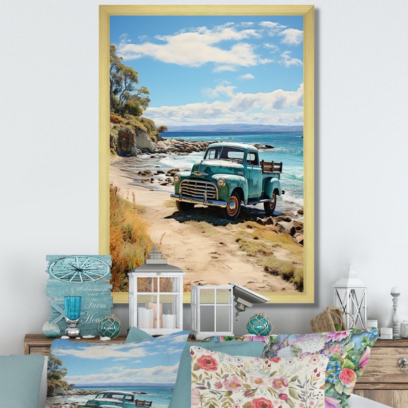 Camionnette bleue Aliquippa Coastal Retreat II - impression, H 20 po x l 12 po x P 1 po, Encadrement doré