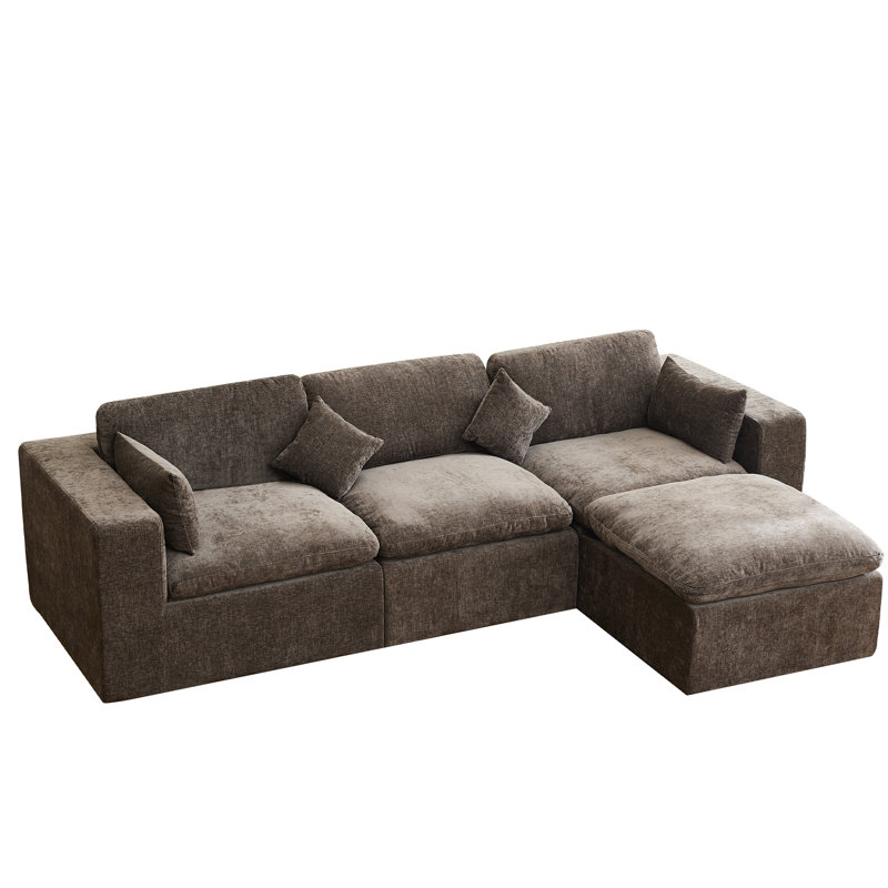 Canapé modulaire à compression avec repose-pieds, Chenille brun, H 38,6 po x l 155,1 po x P 74,8 po