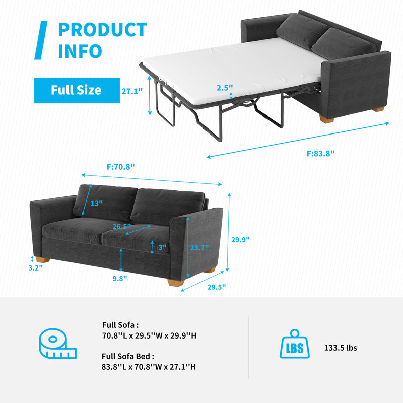 Lakedra 70.8'' Velvet Sleeper Sofa, Dark Gray