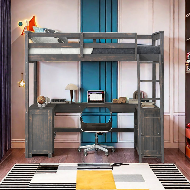 Jetmir Kids Loft Bed with Drawers, Full, Antique Brown