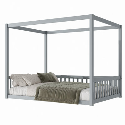 Canopy Frame Rubber Wood Floor Bed With Fence,Guardrails