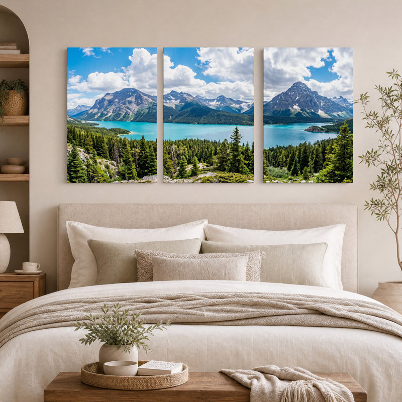 Ensemble de 3 toiles murales représentant un lac de montagne turquoise et une forêt de pins, 36"H x 24"W x 3pcs