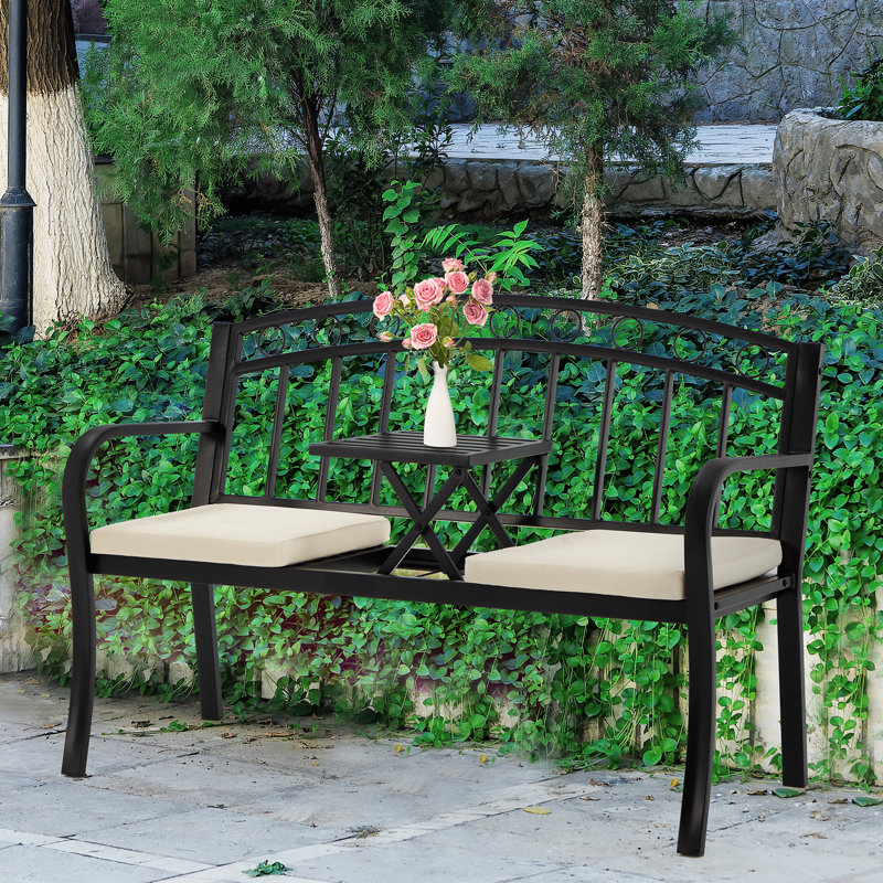 Black Metal 2-Seat Outdoor Bench with Pullout Table and Cushions