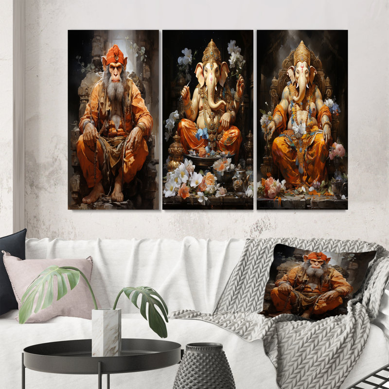 «Hinduisim Art Hanumans Devotion», 3 pièces sur toile, Toile tendue, H 40 po x l 60 po