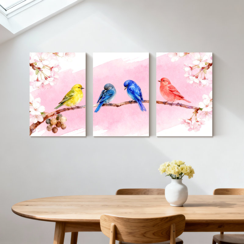 «Birds Birds On Branch With Cherry Blossoms», ensemble de 3 impressions sur toile, H 18 po x l 36 po