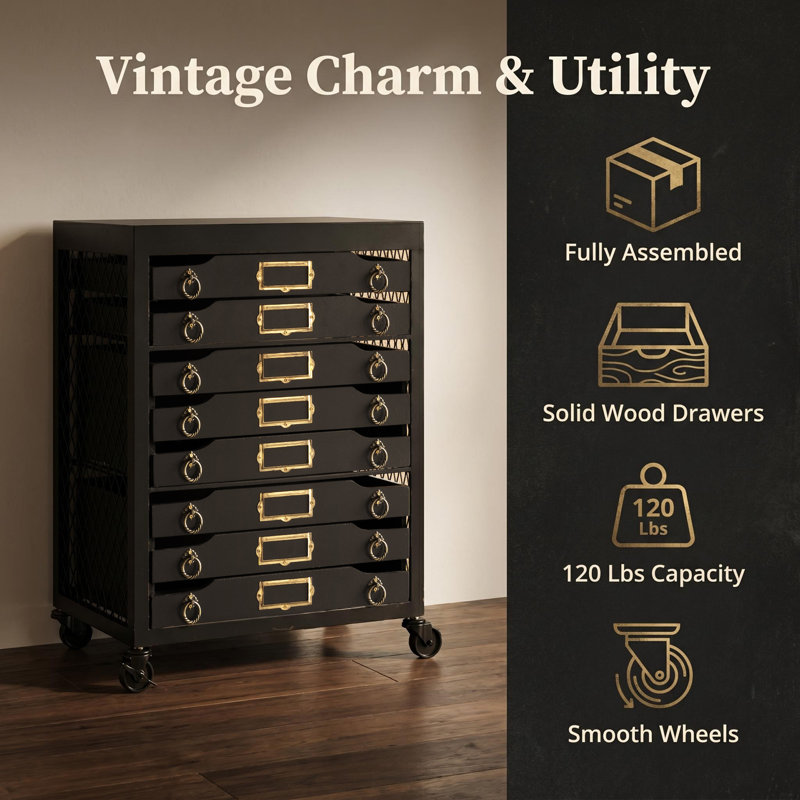 Black Metal Filling Cabinet For Home Office with Wheels,Fully Assembled
