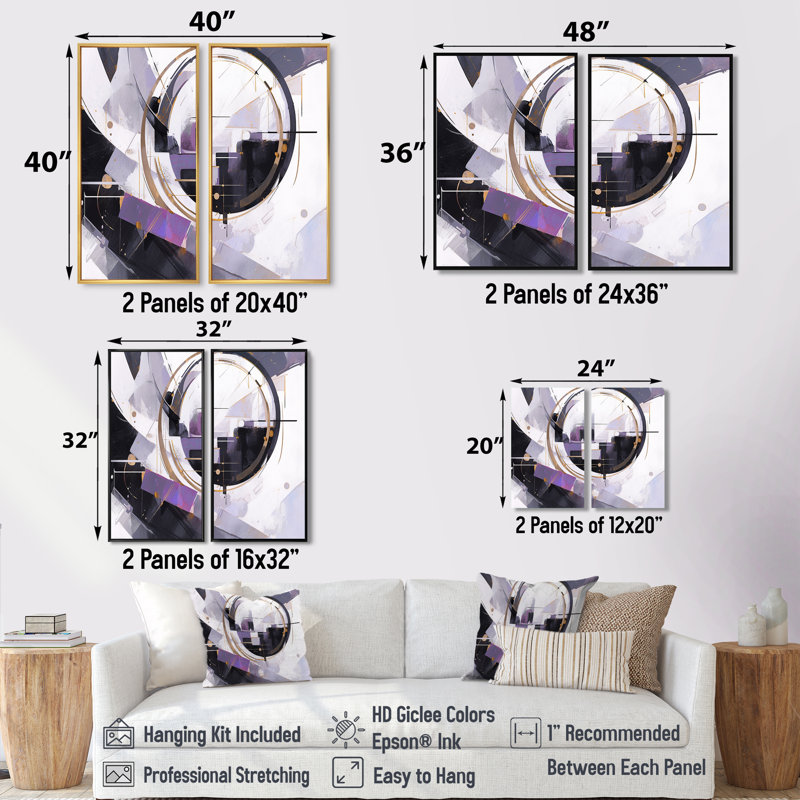Tourbillons mauves à multiples facettes - art mural moderne sur toile bleu - 2 panneaux, Impression encadrée flottante, White