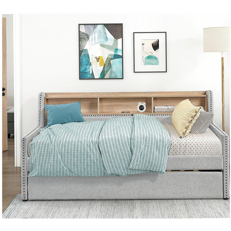Lit de jour gris clair 1pc avec bibliothèque gigogne escamotable
