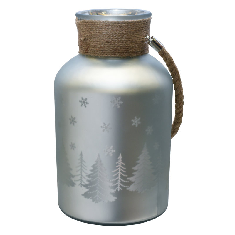 Porte-bougie pilier 12 po avec arbres de Noël et flocons de neige argentés mats