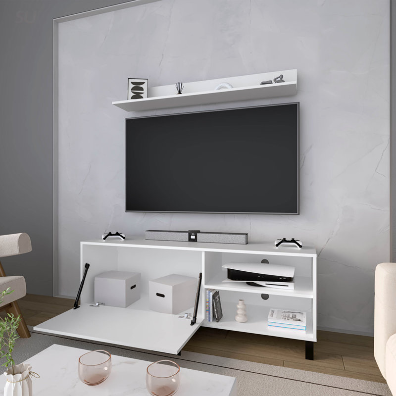 Bitter Springs 65 Inch TV Stand With Open Storage, Pneumatic Arms, And 1 Door In Durable Melamine Finish