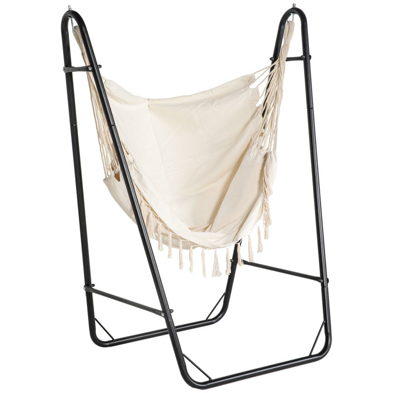Patio Hammock Chair with U-Shape Stand & Side Pocket - Black/Cream