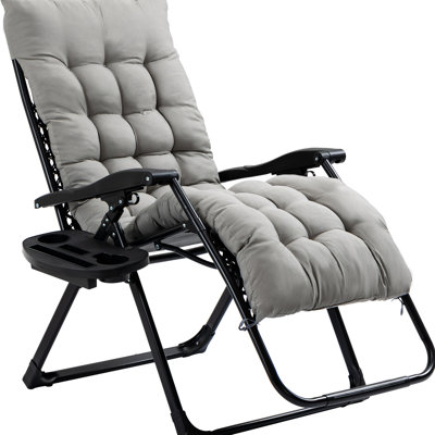 Folding Patio Chair, Grey, With Side Tray And Form-Fitting Back, 264Lbs Weight Capacity, Indoor Outdoor Cushion,