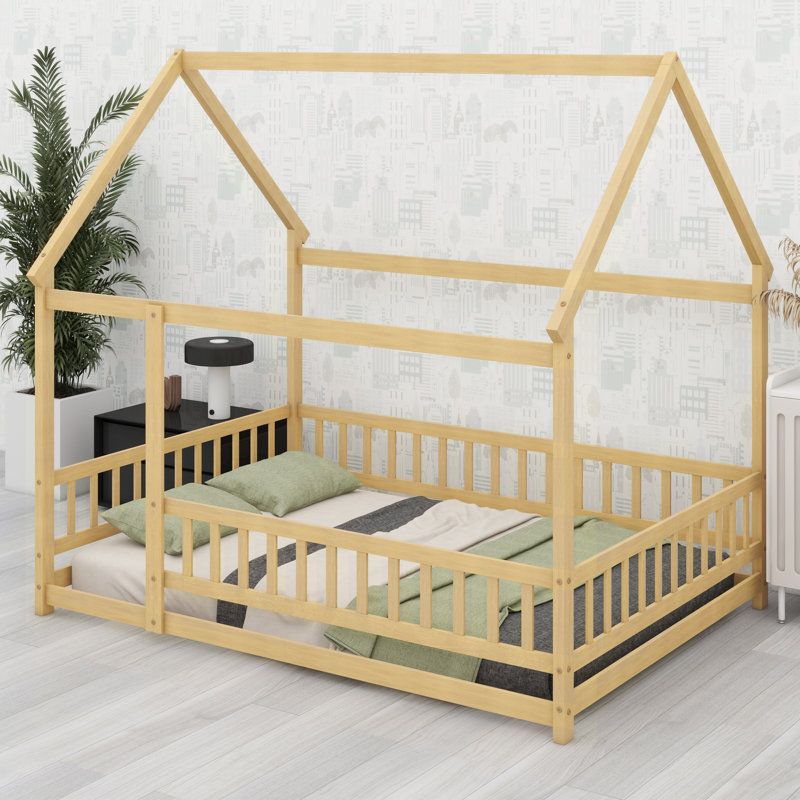 Lit en bois avec cadre de toit, garde-corps de sécurité, Naturel