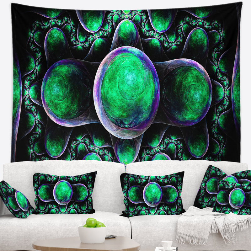 Tapisserie abstraite à motif fractal exotique vert, H 50 po x l 60 po