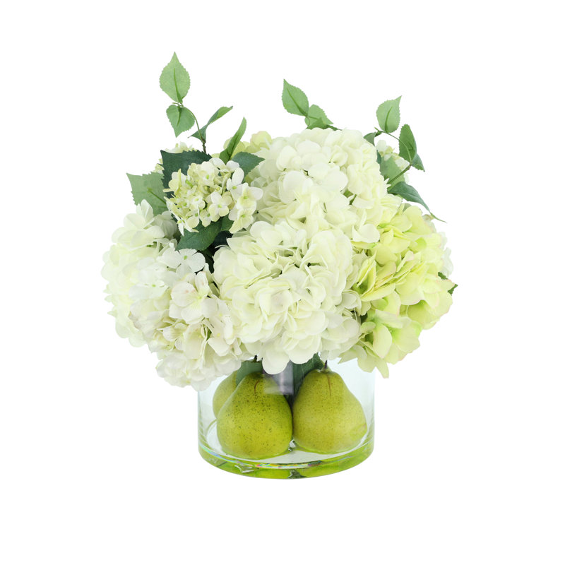 Assorted Hydrangeas, Pears And Acrylic Water In A Glass Round Vase.