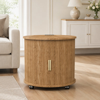 23.74" Tall Mid-Century Modern Cylindrical Side Table, 2-Tier Round Nightstand with Built-in Charging Station and USB Ports, Oak Finish