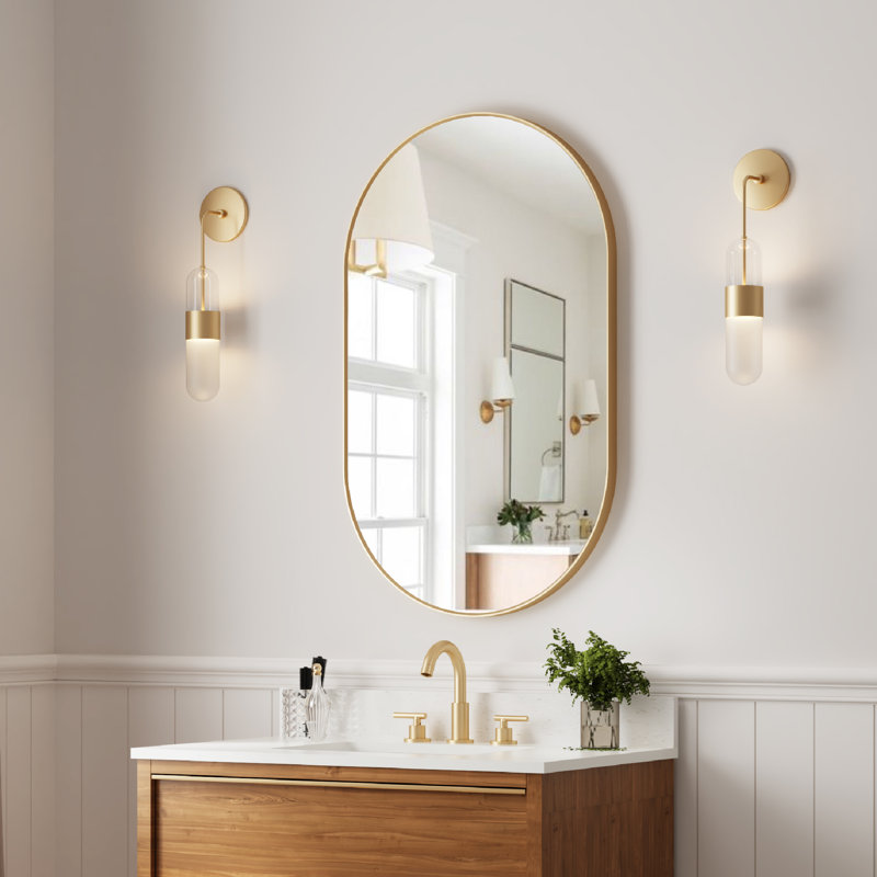 Bathroom Wall Mounted Oval Metal Framed Mirror, Brushed Gold, 40" x 24"