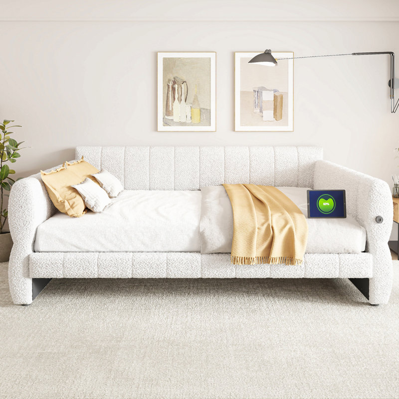 Très grand lit plateforme tapissier avec USB, Blanc