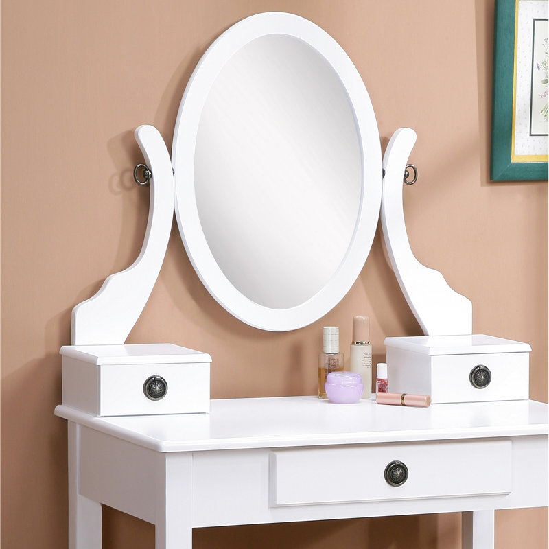 Table de coiffeuse blanche tendance et tabouret rembourré en bois avec 3 espaces de rangement, Blanc
