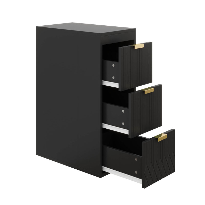 12" Side Cabinet With Drawers, Wall Mounted Floating Cabinet W/Decor Line, Soft-Close System, 3 Extra Big Drawers, Black